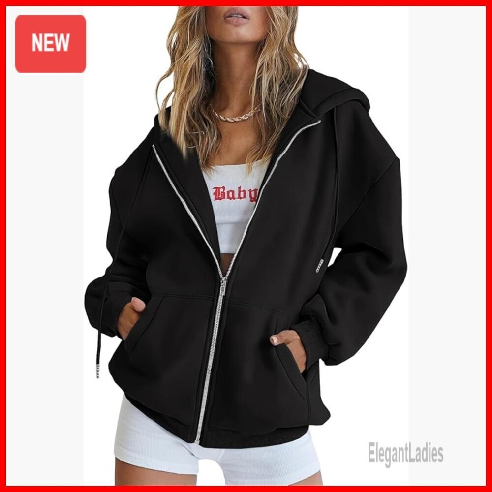 Oversized Zip Up Hoodie with Drawstring and Pocket